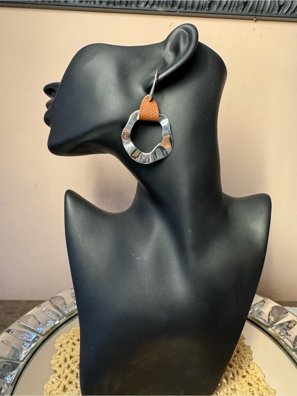Brown Faux Leather and Silver Open Hoop Drop Earrings